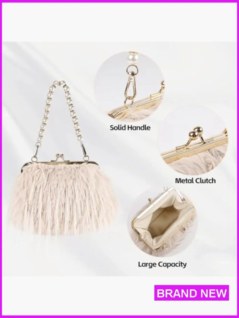 Feather Evening Clutch with Pearl Strap Crossbody Fluffy Bag Wedding Party Prom